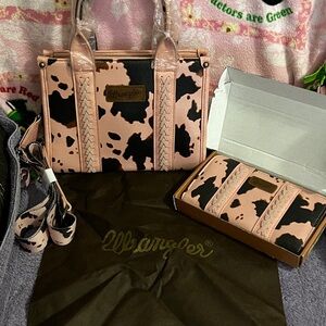 Wrangler Pink and Black Cowhide-Print Satchel with Matching Wallet